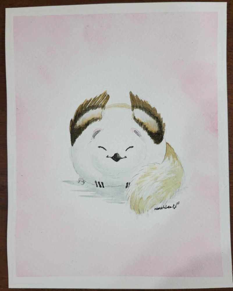 A tiny gryphon snuggled on itself, looking like an orb. Watercolour painting.