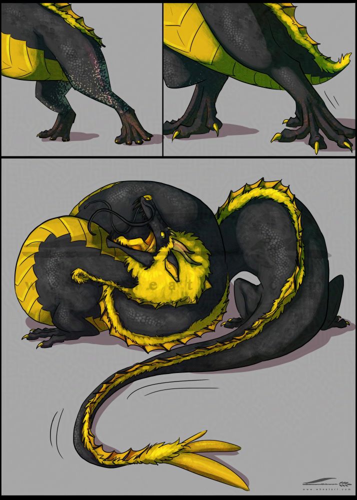 the legs turn into dragon feet, and a tail grows at the end.