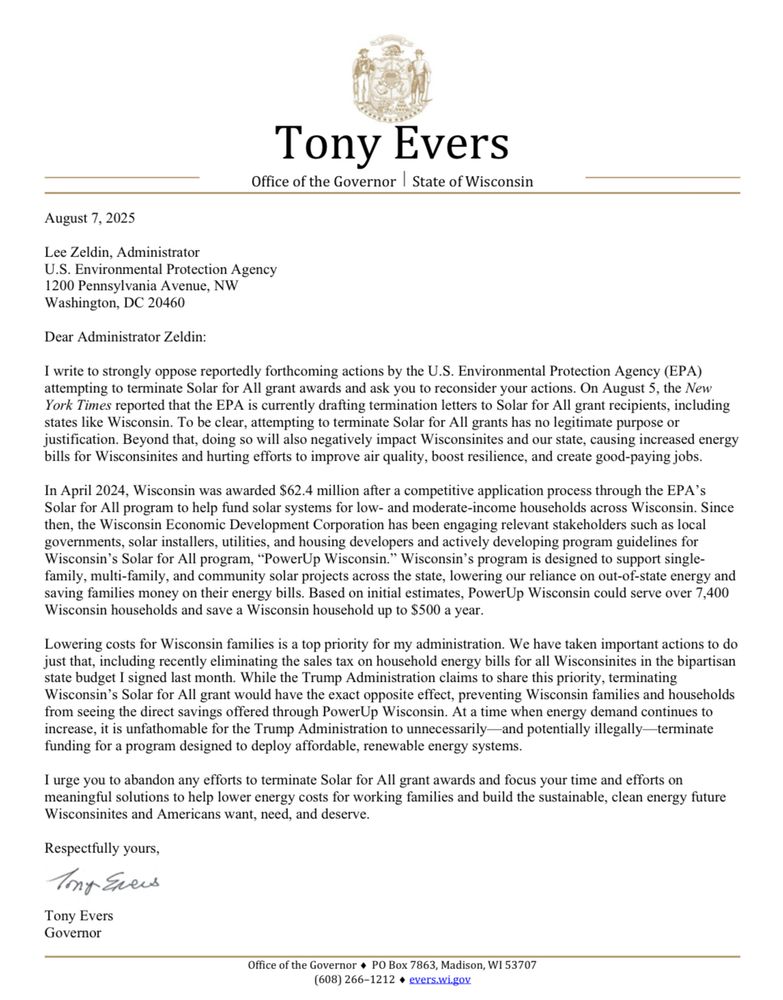 Letter from Gov. Evers to EPA Administrator Zeldin