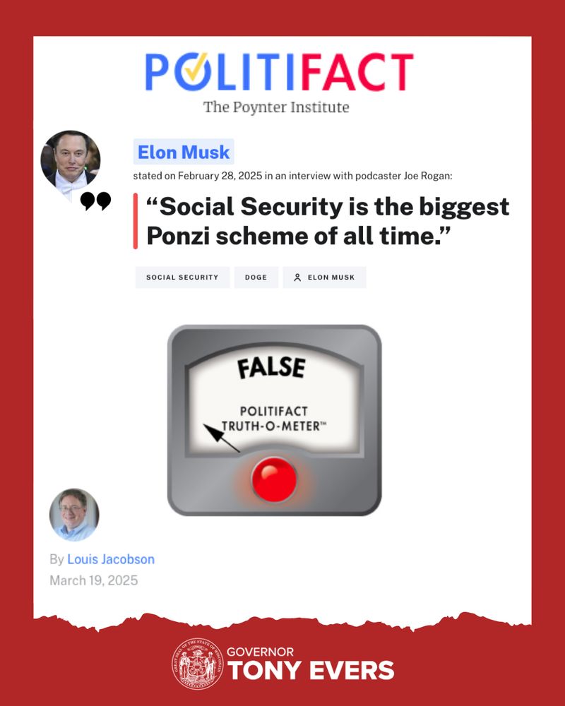 Ripped headline with a "False" from Politifact of Elon Musk's quote: "Social Security is the biggest Ponzi Scheme of all time" 