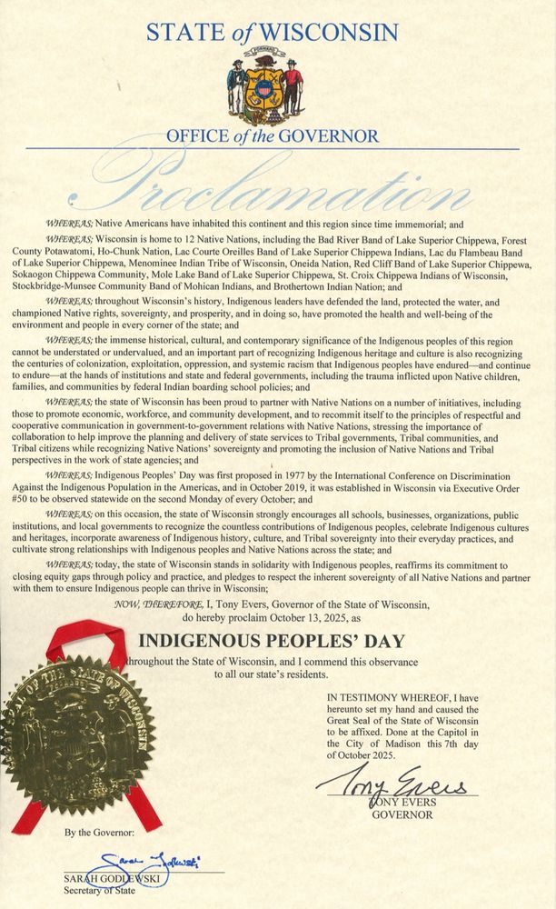Proclamation from Gov. Evers proclaiming Indigenous Peoples’ Day on October 13, 2025