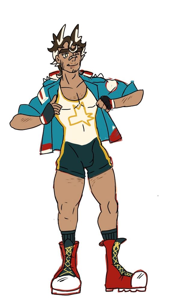 Scruffy tanned man with a messy brown and white streaked mullet. Two tufts stick up from the sides of his hair. He stands, holding the center of his blue leather jacket away from his body. Underneath is a white singlet, with a navy design for the shorts, and yellow piping. He has large red combat boots atop black socks. 