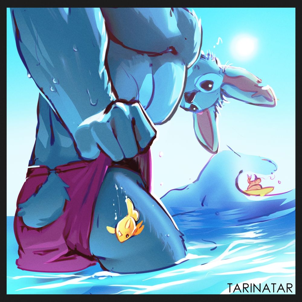Hinbo stitch letting a happy fish out of his swim trunks