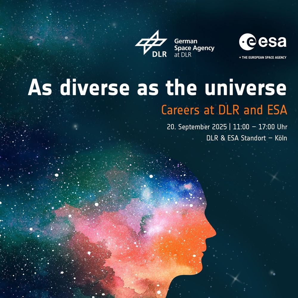 Key Visual des Space Talent Day: Ein bunter Kopf im Profil mit leuchtenden kleinen und großen Sternen vor einem dunklen Hintergrund. Slogan: As diverse as the universe, Carrers at DLR and ESA. 