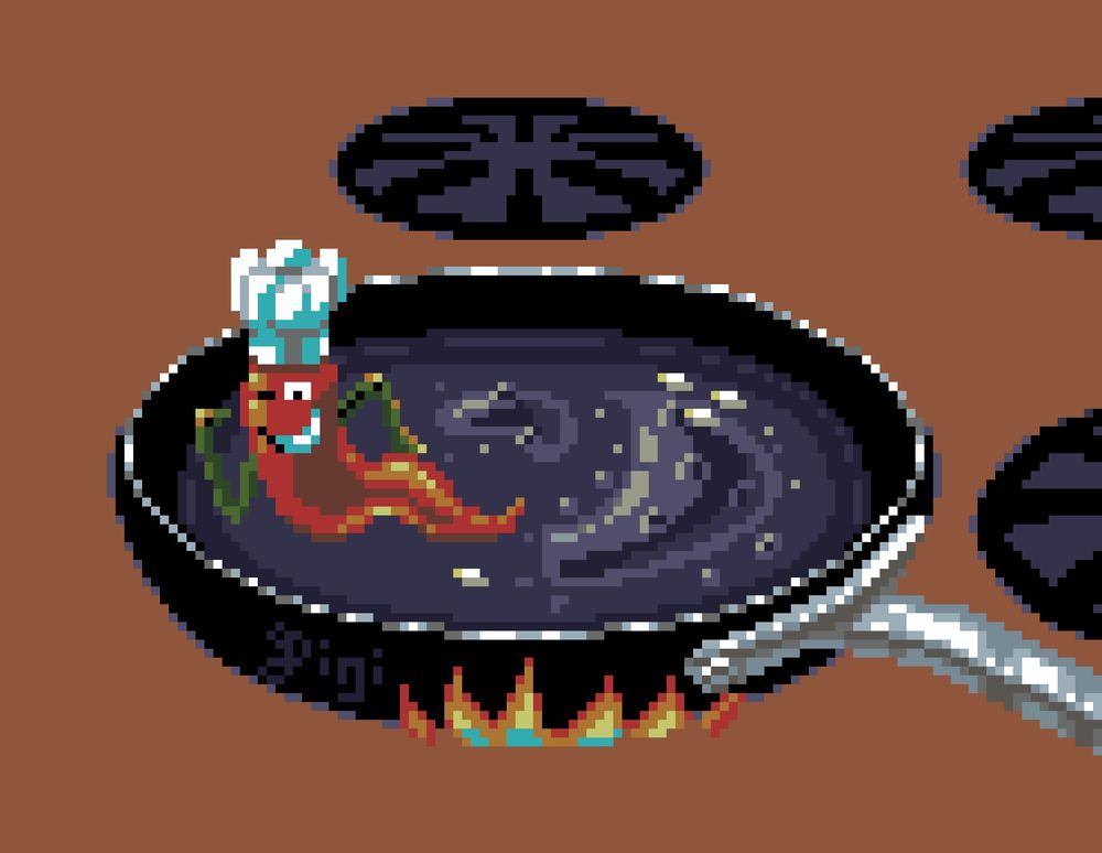 a chef who is a chili pepper, sautéing himself on medium to high heat with oil and onions in a frying pan.