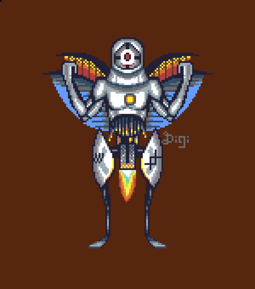 a winged robot with a jet engine, inspired by starman from Earthbound and praying mantises