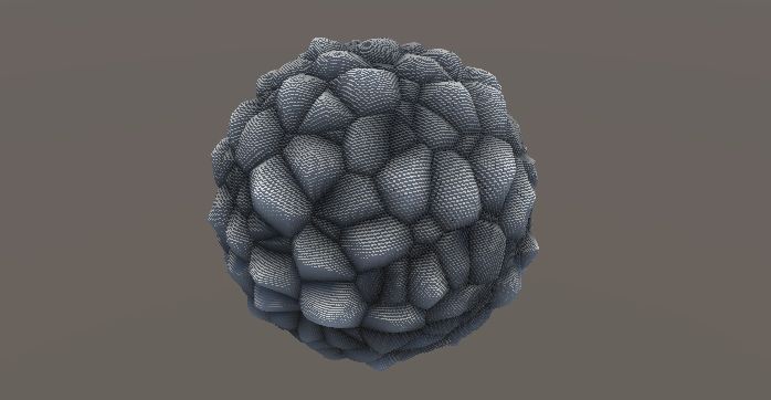 a generated sphere with a randomized height map texture base on Worley noise, resembles a sphere made of cobblestone with a variety of sizes and shapes, all defined by a series of small interlocking cubes.