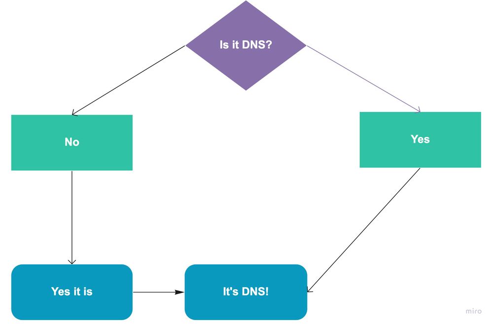 A flow chart showing that network issues are always dns