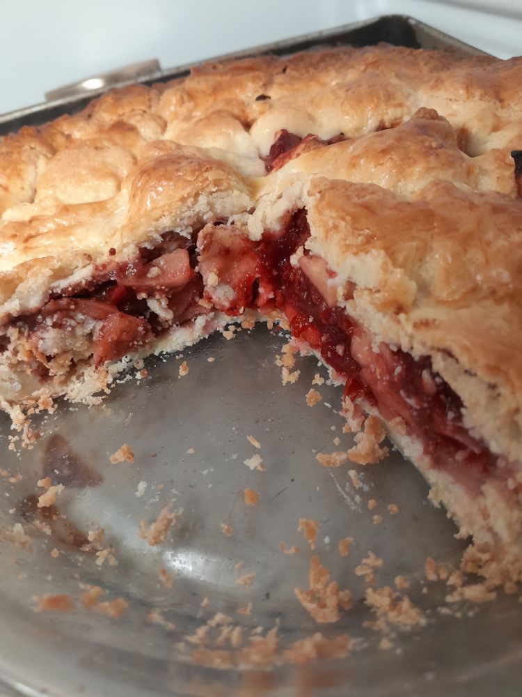 Cranberry sauce/apple pie with shortbread crust.