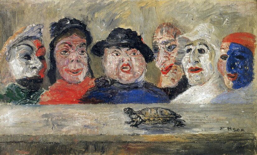 Masks looking at a tortoise