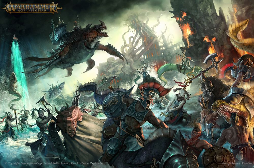 This image depicts a fierce battle between the Idoneth Deepkin and the Warriors of Chaos on the shores of Ghyran.