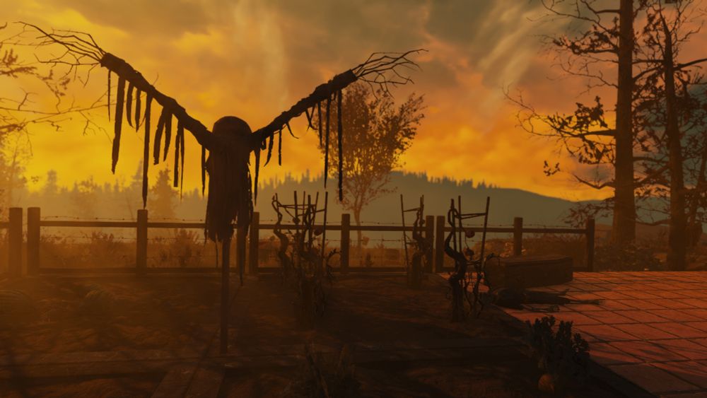 My garden with a scarecrow at my CAMP in Fallout 76
