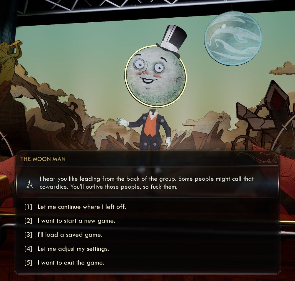 Opening menu of The Outer Worlds 2 mocking my tendency to stay back in a fight and let my companions take the damage