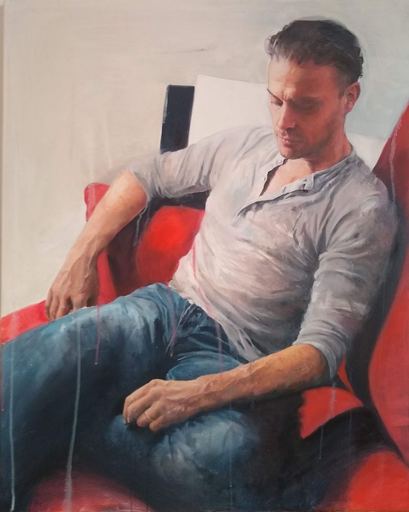 Oil painting of a man sitting on a red sofa