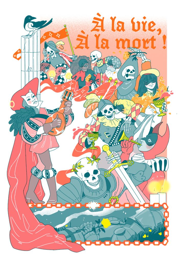 Illustration with skeletons knights and masked people dancing, celebrating the death of a knight
