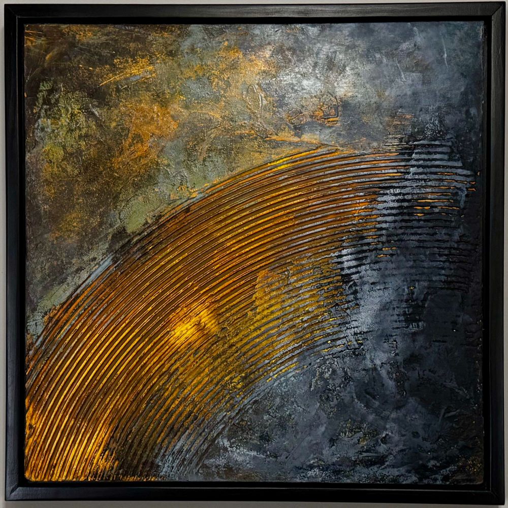Oil and cold wax painting, 24"x24"x2" framed panel, deep oranges, golden highlights, rich and dark neutral tones of black and grey.