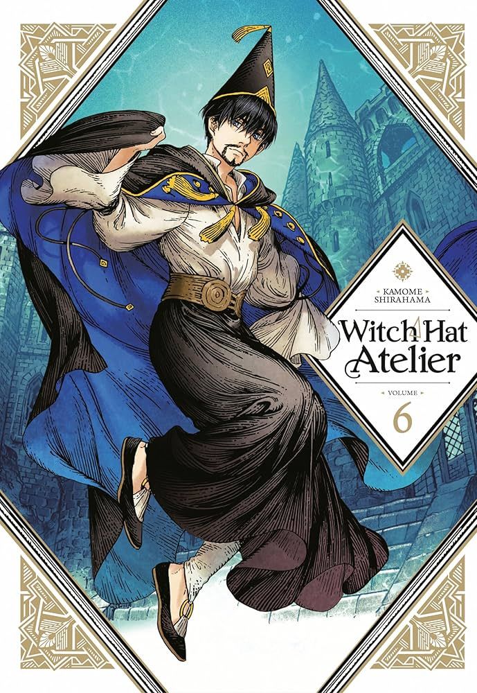 The cover of the manga Witch Hat Atelier, volume 6. It features the character Olruggio, an adult man with shaggy black hair and a goatee. He is posed mid-jump, with his clothing flapping dramatically. His outfit consists of a pointed black hat with no brim, a black cape, a puffy white shirt, black skirts, and black slippers. His outfit is decorated with gold embellishments. The image is framed by triangular art deco style designs in the corners of the image.