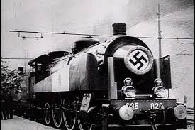 Train with a Nazi swastika on the front of the engine. 