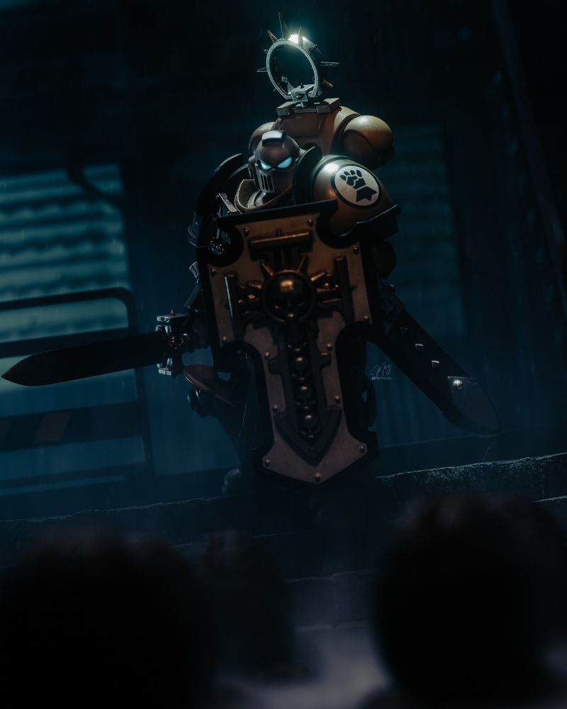 A Blade guard Veteran of the Imperial Fist, slowly descends the stone stairs into the basement levels. Here, splayed out before the Astartes, strange leathery eggs. This xenos is undocumented to the Imperium. The Astartes descends with caution. 