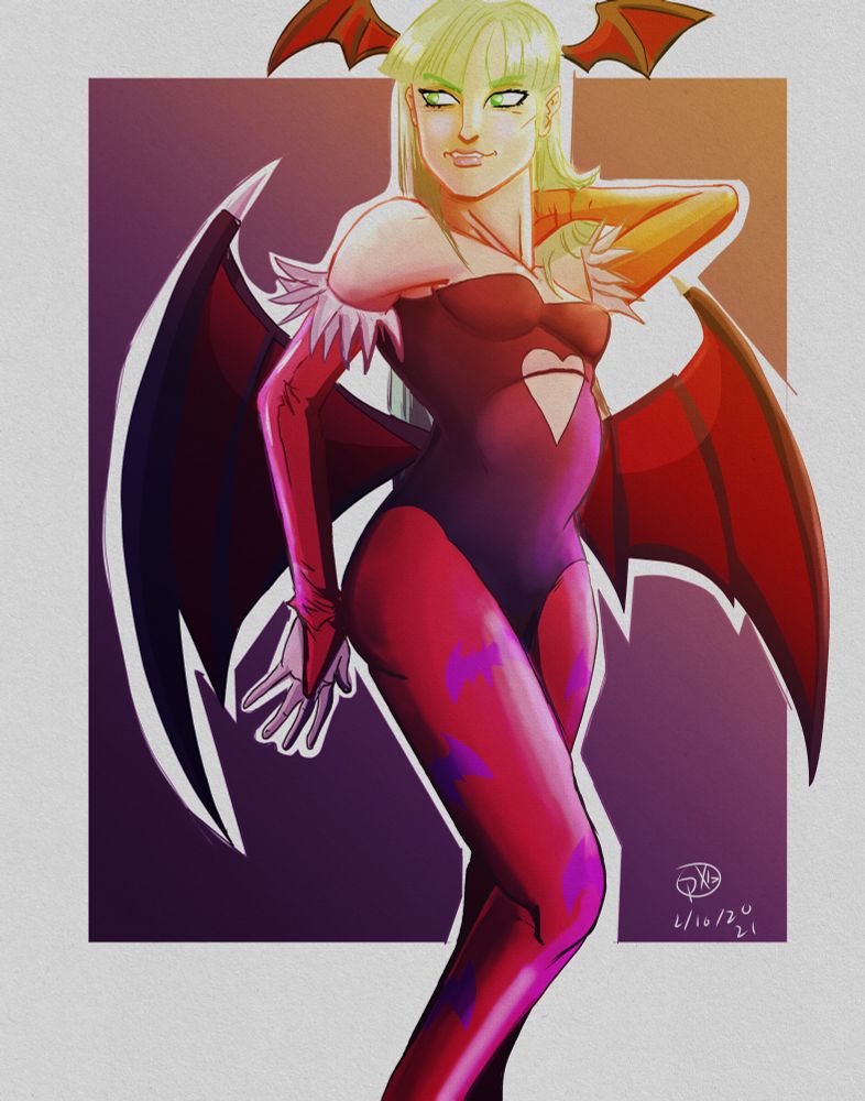 An illustration of Morrigan from Darkstalkers looking to her right, one hand to her side and the other behind her head. 