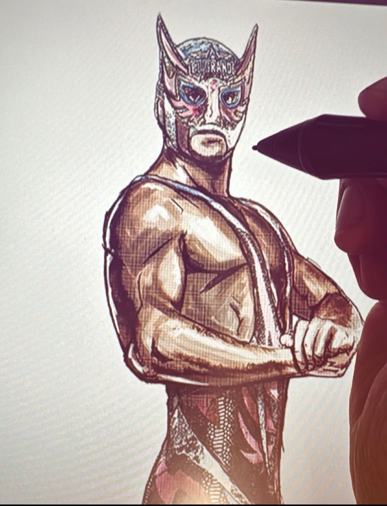 A digital painting of legendary Luchador El Grande Americano, flexing his right bicep, along with the artist’s hand and Wacom pen to the right of it.