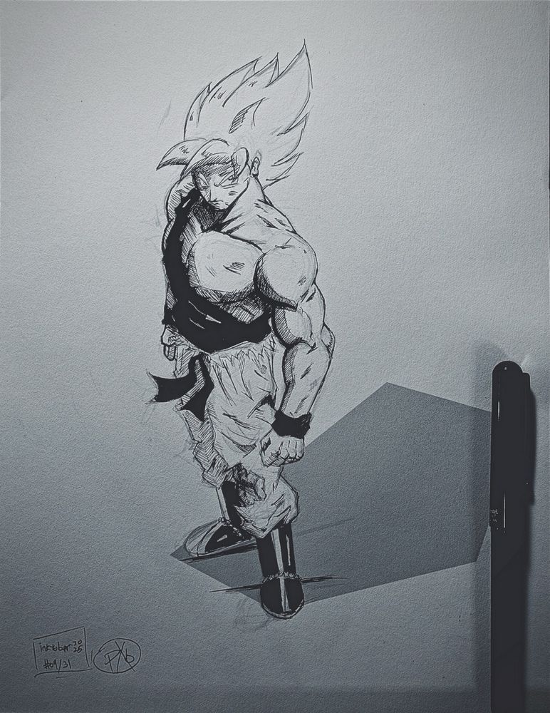 A black and white inked illustration of Super Saiyan Goku in a torn gi giving an intense look at the viewer.