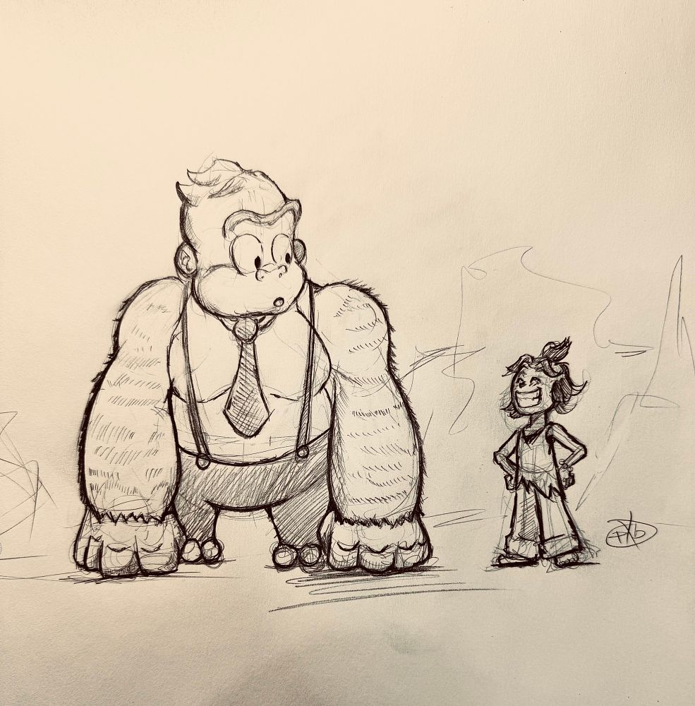 Pencil sketch of Donkey Kong in a tie and overalls glancing over to a smiling child version of Pauline. 