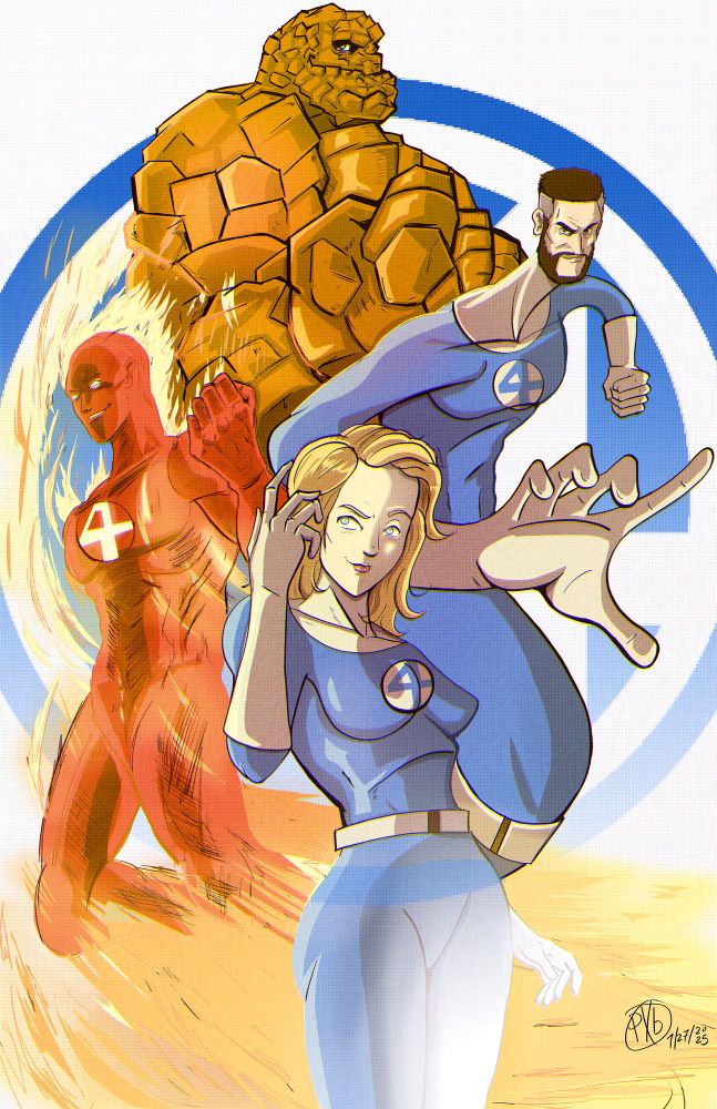 A group illustration of Marvel’s Fantastic Four. Sue Richard is in front with Johnny Storm & Reed Richard’s immediately behind her. Ben Grimm is in the far back