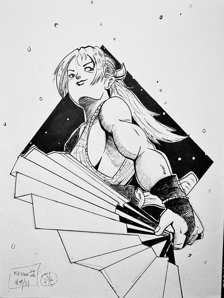 A black and white inked illustration of Mai Shiranui holding a fan in her left from a low camera angle.