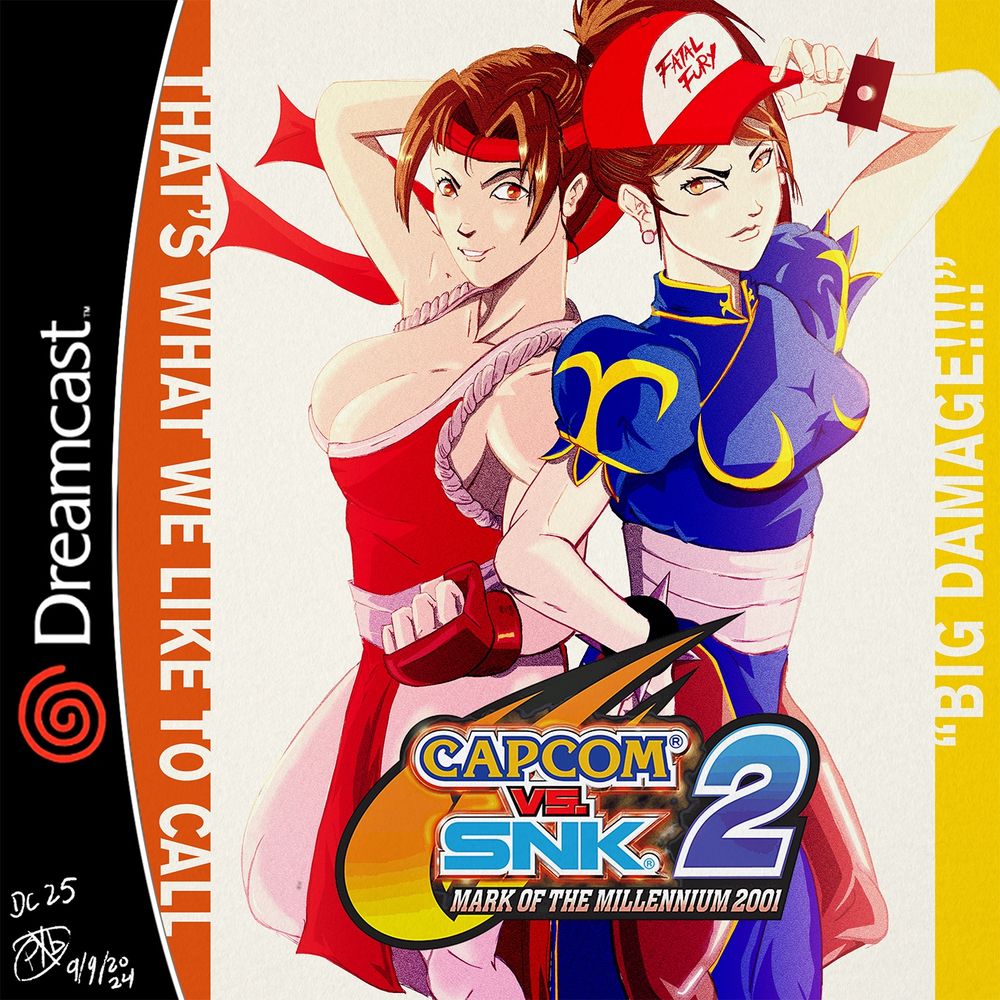 Mai Shiranui and Chun Li standing back to back, with Mai wearing Ryu’s headband & Chun Li wearing Terry Bogard’s hat. 
