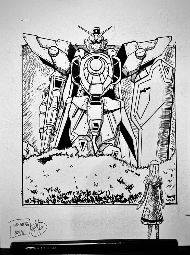 A black and white inked illustration of Wing Gundam unit 01 towering over a tree line while Relena Darlian looks up from below.
