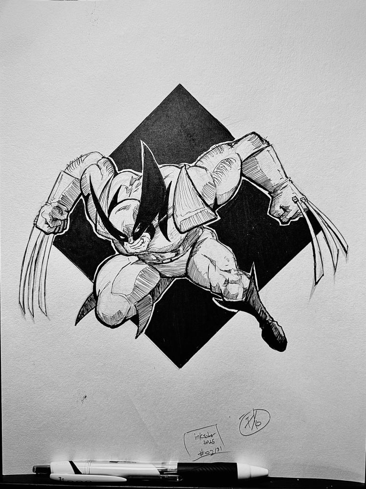 A black and white inked illustration of Wolverine leaping forward with this adamantium claws out. 
