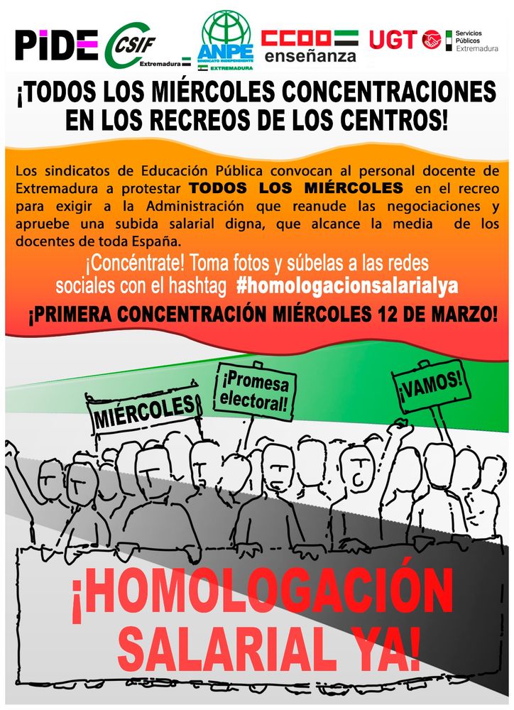 Cartel de las organizaciones sindicales docentes convocando las concentraciones de los recreos cada miércoles.