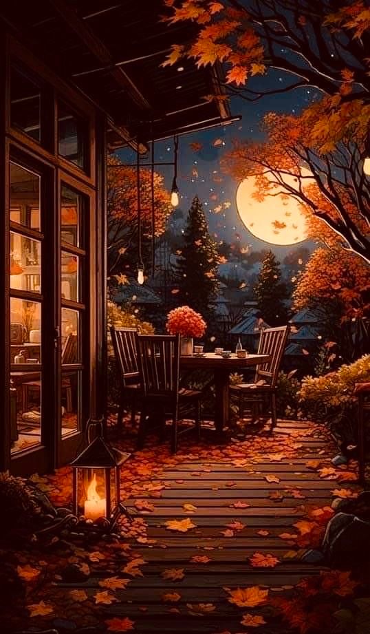 Porch scene with lantern table and chairs, fall leaves, and full moon.