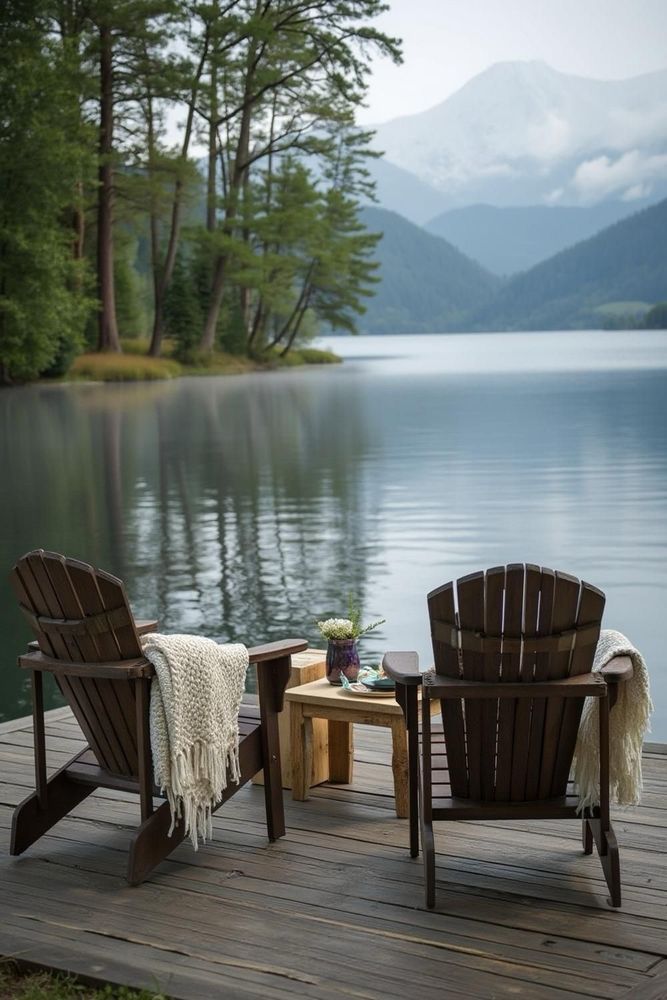Two Adirondack chairs and table on dock overlooking lake
