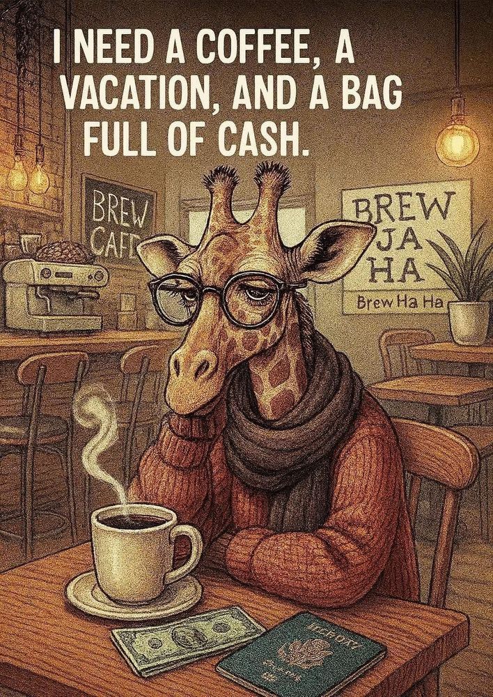 Giraffe with glasses at table with coffee, money & passport sign above says Brew Cafe. Text says: I need a coffe, a vacation and a bag full of cash.