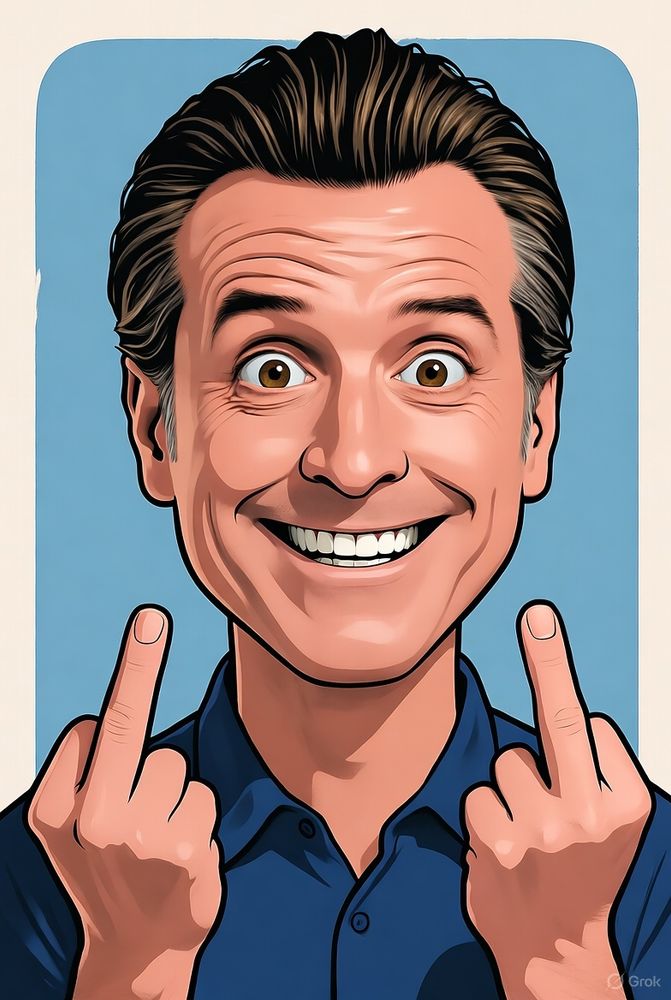 An AI generated cartoon image of Governor Gavin Newsom telling the opposition what's up