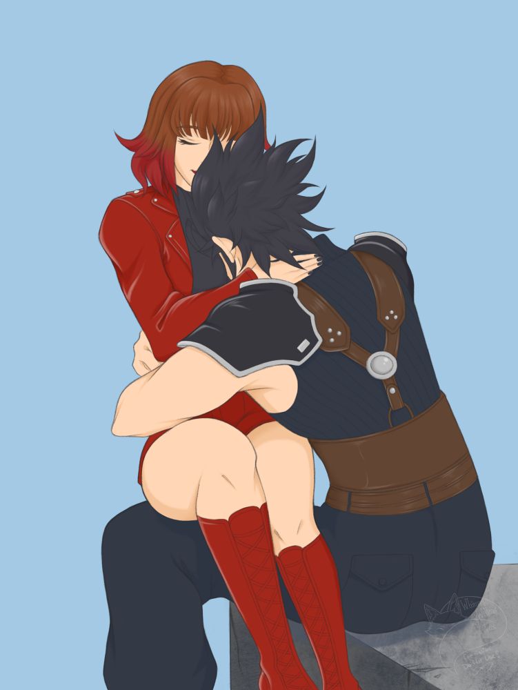 Zack is sitting down with Ali in his lap while he rests his head against her chest and she comfortingly embraces him. It is their safe haven. 