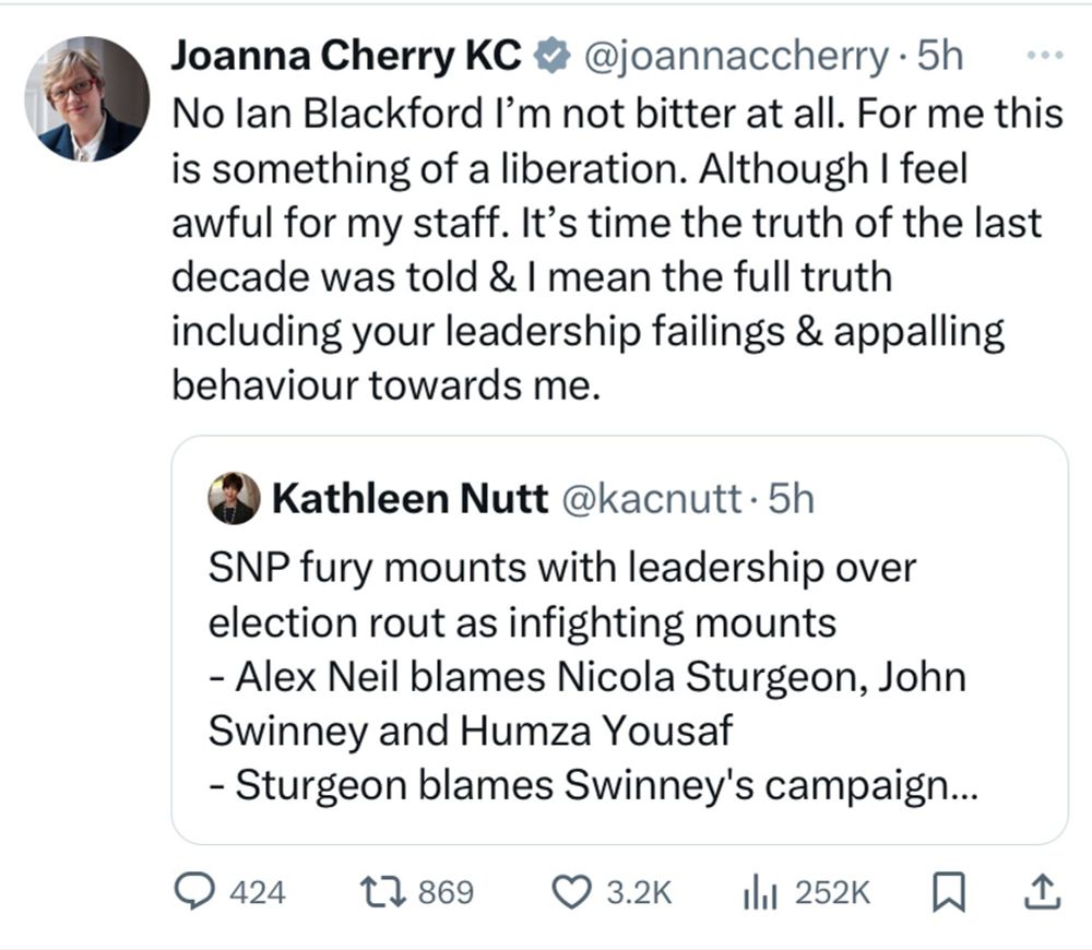 A tweet from tervert freak Joanna Cherry KC @joannaccherry . 5h  No lan Blackford I'm not bitter at all. For me this  is something of a liberation. Although I feel  awful for my staff. It's time the truth of the last  decade was told & I mean the full truth  including your leadership failings & appalling  behaviour towards me.  

Ha ha ha get it up ye tervert nonce