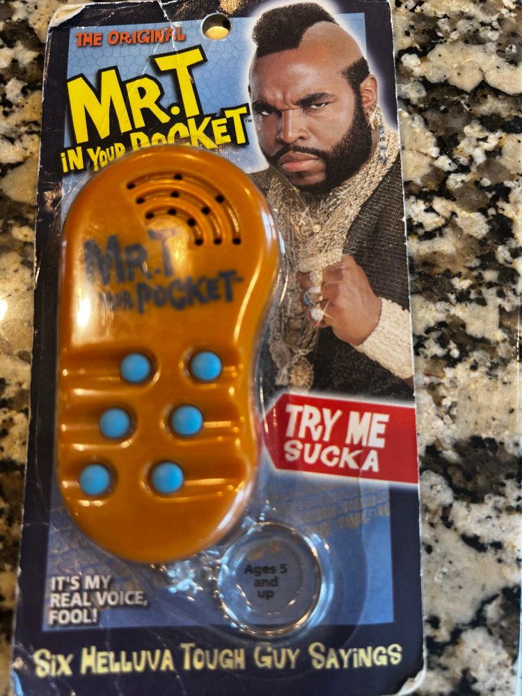 A Mr T In Your Pocket keychain featuring six audio clips. Or, as the package calls them “Six helluva tough guy sayings.”