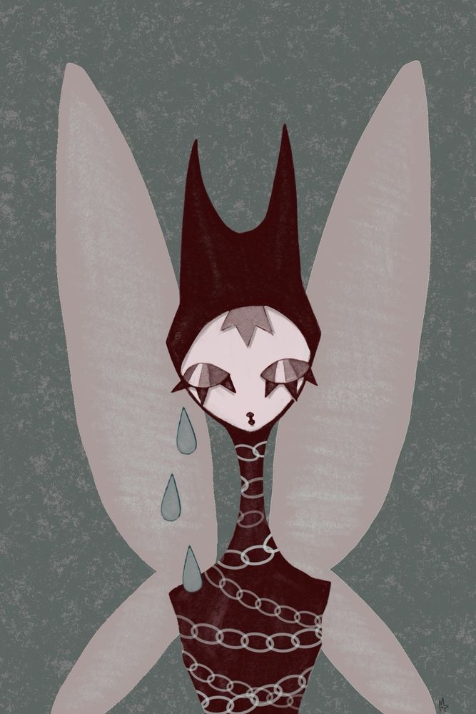 a digital illustration of pokey looking burgundy fairy crying three fat tear drops through its long lashes. it’s bound in a chain 
