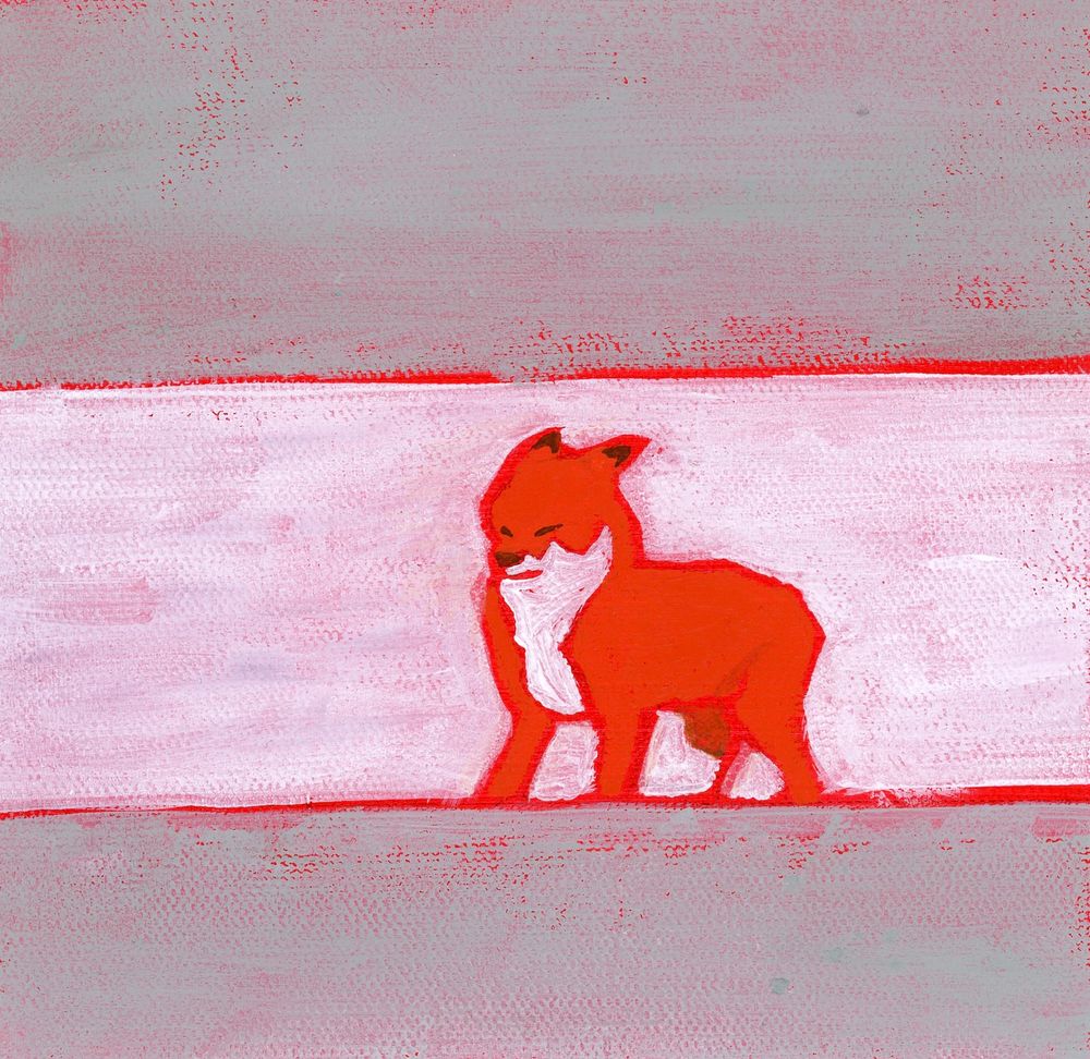 acrylic painting scan of the “it’s fuckin wimdy meme” 
a fox bracing for the breeze 