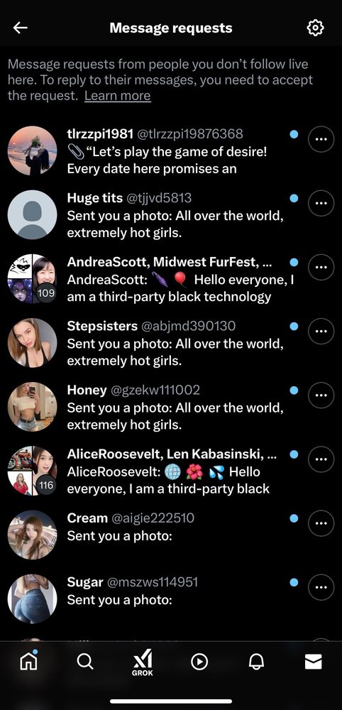 Screenshot of Twitter DMs screen. There are at least 8 unread DMs, all clearly from bots.