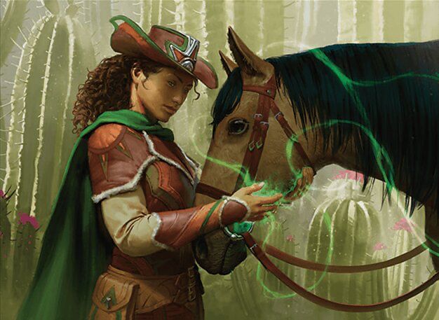 A woman, Miriam, wearing a leather hat and leather armor paired with a green cloak gently touches a brown horse with a black main. The horse, wearing a leather bridle, has green magic spouting from where Miriam touches.