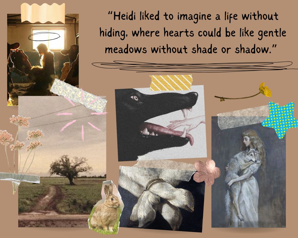 Text says: “Heidi liked to imagine a life without hiding, where hearts could be like gentle meadows without shade or shadow.” 

Images include a dirt road with a lone tree, tied up lamb feet, a young woman holding a coyote, a young woman surrounded by cows in a barn, and a hand reaching into a dark wolf's mouth. 

Scrapbook details include pressed flowers, a paper star, and bunny. A halo is drawn over the barn girl's head. 