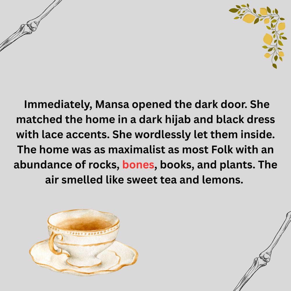  Immediately, Mansa opened the dark door. She matched the home in a dark hijab and black dress with lace accents. She wordlessly let them inside. The home was as maximalist as most Folk with an abundance of rocks, bones, books, and plants. The air smelled like sweet tea and lemons. 
