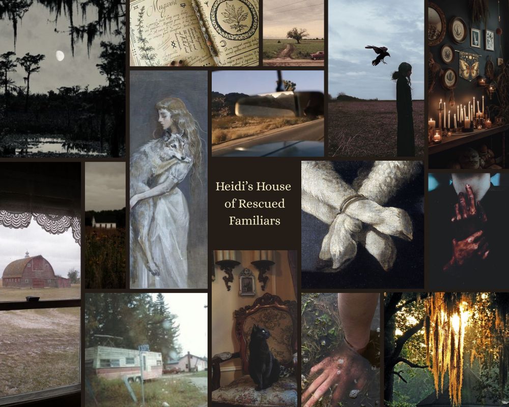 Moodboard that says "Heidi's House for Rescued Familiars" in the center. 

Images include: 
- A moonlit swamp. 
- A window overlooking a barn. 
- An herb book. 
- A young woman holding a coyote. 
- A white house in a field. 
- A trailer park. 
- A tree by a dirt road. 
- A rearview mirror. 
- A black cat on a vintage chair. 
- A girl in black with a crow about to land on her. 
- Tied lamb feet. 
- A hand in swamp water. 
- A bunch of candles under maximalist witch decor. 
- Bloody hands. 
- Sunlight through spanish moss. 