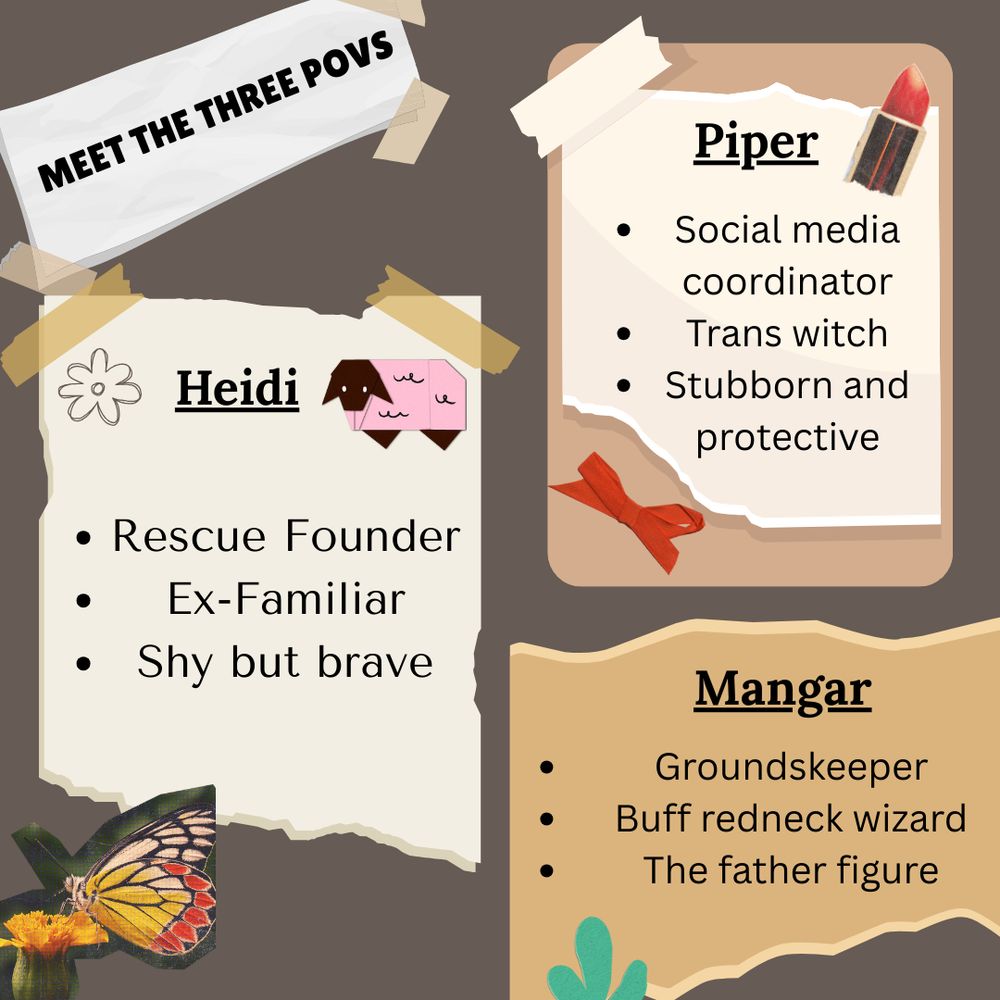 Meet the three POVS: 

Heidi: Rescue Founder, ex-familiar, shy but brave
Piper: Social media coordinator, trans witch, stubborn and protective
Mangar: Groundskeeper, buff redneck wizard, the father figure