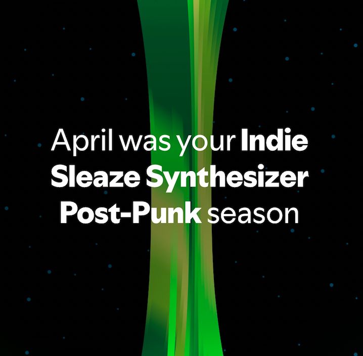 A cropped screenshot of Spotify Unwrapped that says "April was your Indie Sleaze Synthesizer Post-Punk season" with an abstract green shape + space background.