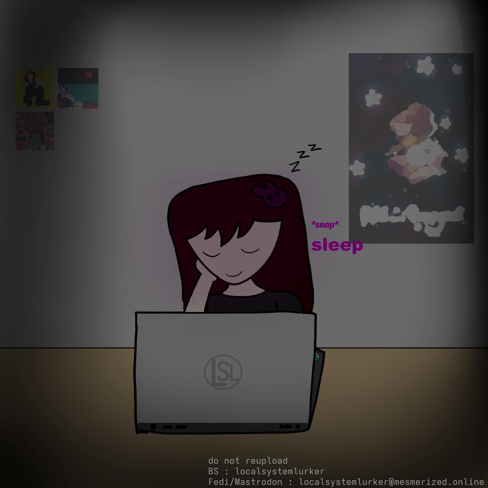 "snap sleep" appears in purple lettering next to hazel's head

hazel is now sleeping with her eyes closed and a smile

her laptop screen is no longer shining on her face

Z's appear over her head